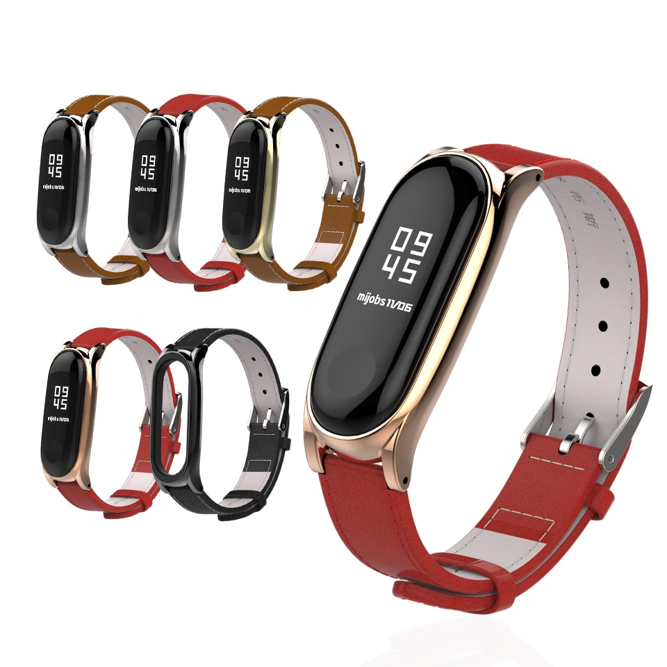 Leather Band for Xiaomi Mi Band 3 with Metal Case