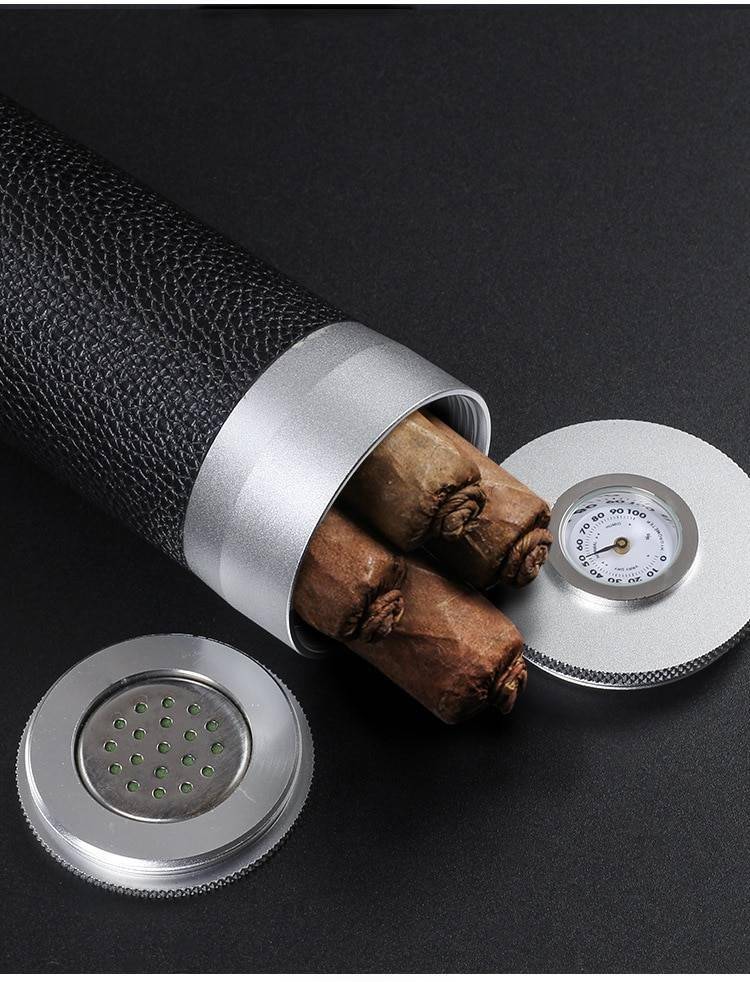 Leather Coated Aluminum Cigar Case with Hygrometer Leather Coated Aluminum Cigar Case with Hygrometer